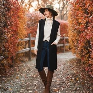 SIONI Black Knit Longline Open Front Duster Cardigan Vest Knee Length Sz: XL